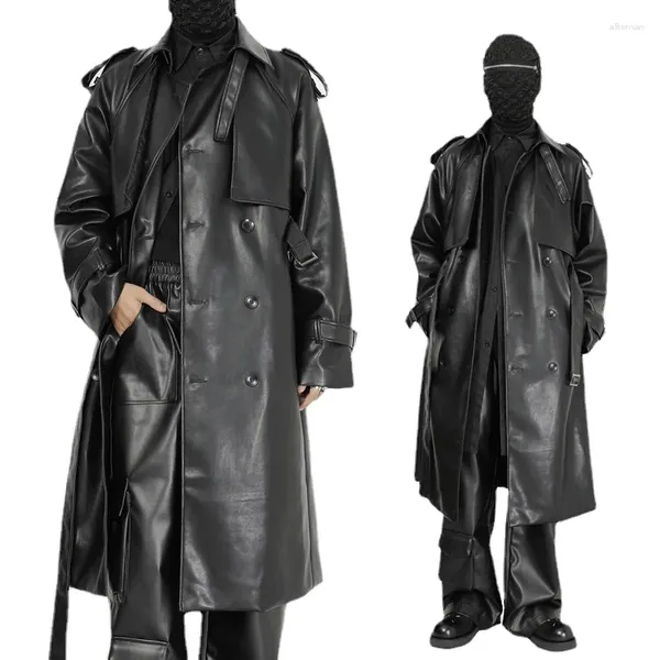 Trench da uomo Abiti alla moda Cappotto in pelle PU Giacca lunga Design unico Vestibilità ampia Capispalla doppio petto al ginocchio