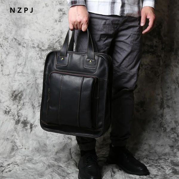 Briefcases NZPJ Retro Leather Men's Handbag Top Layer Cowhide Casual Vertical Computer Bag Large-Capacity Briefcase Shoulder Messenger Bag 231026