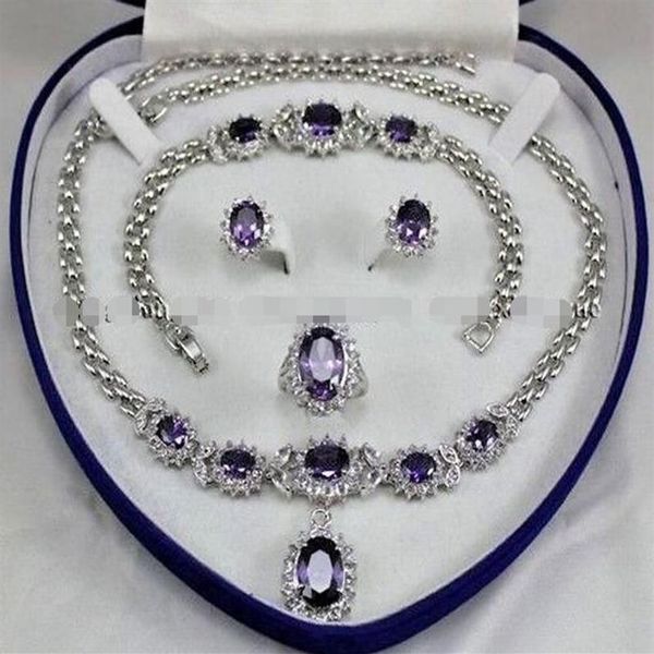 BeautifulAmethyst Inlay Link Pulseira Brincos Anel Colar Set310l