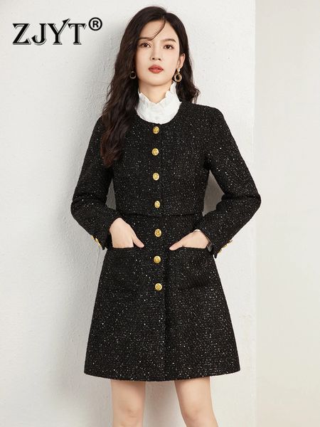 Misto lana da donna ZJYT Autunno Inverno Cappotto nero Donna Vintage monopetto Lungo giacche di lana Elegante Capispalla da donna Veste Femme 231026