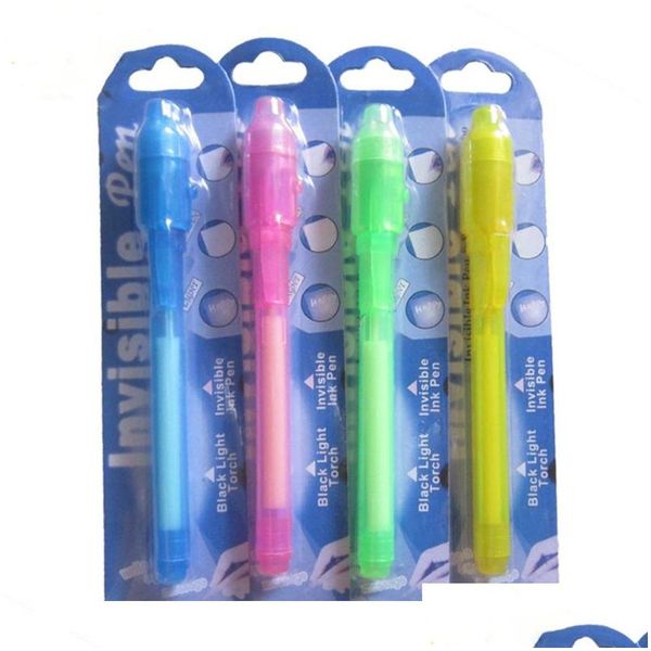 Canetas multifuncionais Atacado Individual Blister Card Pack para cada caneta de luz preta Uv com Tra Violet Lights Invisible Ink Pens 4 Off Dhad1