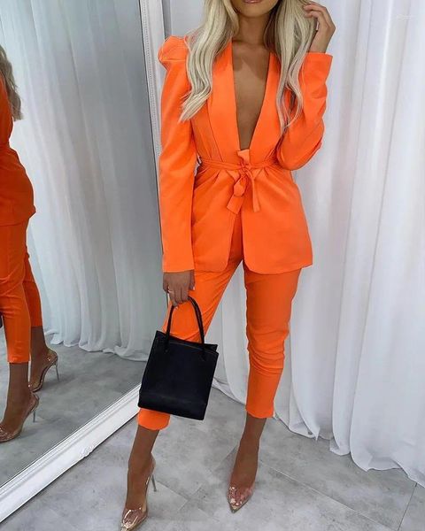 Calças de duas peças femininas abertas frente blazer topo e calça sexy clube outfits sólido gravata conjunto laranja streetwear outono 2 pçs