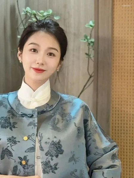 Vêtements ethniques chinois traditionnel haut Cheongsam Chi-pao Tang bleu manteau haut de gamme printemps automne femme 2023 Qipao