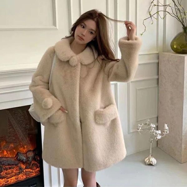 Женское длинное искусственное пальто Kawaii с мехом для женщин, толстая теплая меховая куртка, интегрированное пальто, экологически чистое женское корейское зимнее пальто
