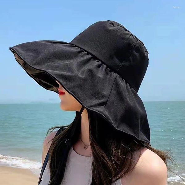 Berets Preto Borracha Protetor Solar Chapéu Mulheres Verão Dobrável Grande Brim Sombrinha Pescador Proteção UV Moda Fina Sol