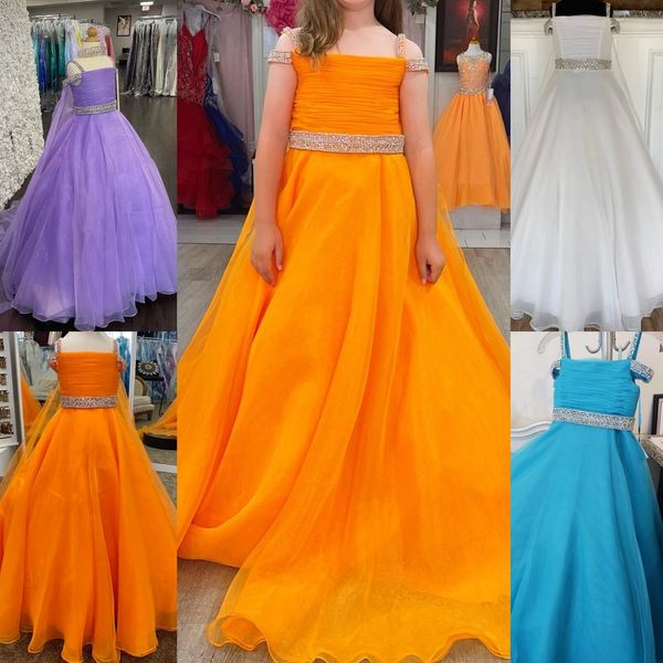 Платье Little Miss Pageant для подростков, 2024 год, для девочек-подростков с накидкой, белое, сиреневое, оранжево-синее, из органзы, длинное детское платье для первого причастия, бретельки с кристаллами, молния