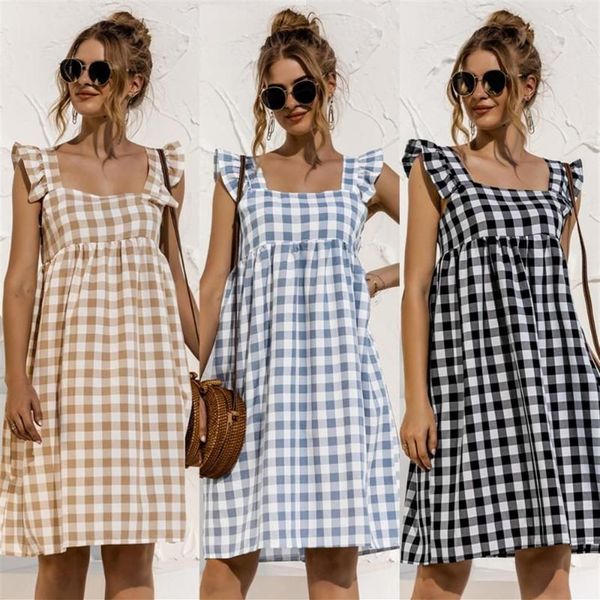 Casual Dresses Summer Women Plaid Dress Square Collar Butterfly Sleeve Loose Sexy Backless Ladies Midi Sundress Vestidos262L