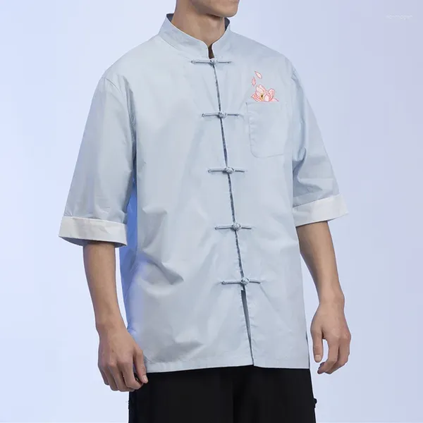 Camisas casuais masculinas verão estilo chinês fino lótus bordado camisa étnica retro gola de manga curta top roupas masculinas plus size casaco