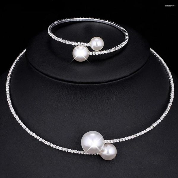 Collana orecchini set moda squisita semplice simulazione perla gioielli da sposa braccialetto regolabile regalo di nozze di cristallo da donna