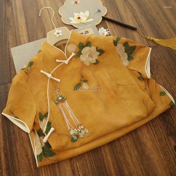 Ethnische Kleidung 2023 Sommer Verbesserte Elegante Cheongsam Kleid Frauen Chinesischen Stil Kurzarm Stehkragen Schlank Blume Qipao S463