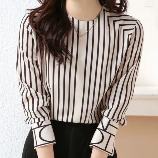 Blusas femininas estilo europeu manga longa listra camisa topo 2023 outono versão coreana moda elegante blusa para mulher