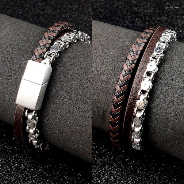 Strand aço inoxidável charme elo de corrente prata cor pulseiras para homens trançado pulseira de couro punk jóias masculinas
