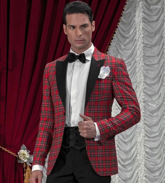 Abiti da uomo Slim Fit Blazer Custom Made Bespoke S Tartan rosso da uomo su misura 2023 Smoking da sposa per uomo (giacca, pantaloni e cravatta)