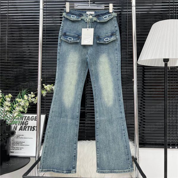 Gesticktes Muster, ausgestellte Hose, Designer-Jeans für Damen, hohe Taille, Design, Denim-Hose, Mädchen-Dame, Street-Style-Jeans