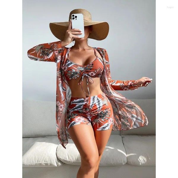 Costumi da bagno da donna Costumi da bagno donna con stampa floreale Set 2023 Costume da bagno sexy a tre pezzi con stampa floreale push up estivo a tre pezzi