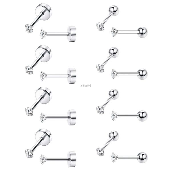 Ohrstecker, 8 Paar, Knorpelohrringe aus Edelstahl, winzige runde 2-mm-Zirkonia-Ohrpiercing-Ohrringe, kleine Hantel, Schraube/flache Rückseite, YQ231026