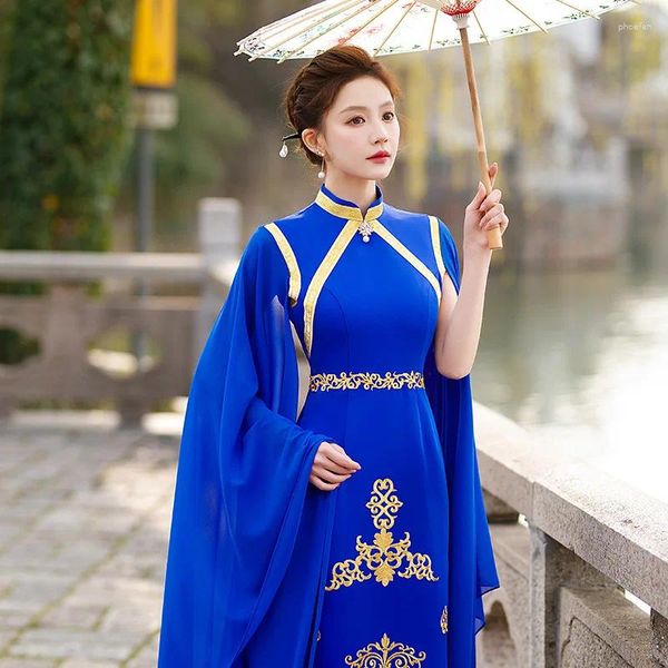 Roupas étnicas Vintage Azul Qipao Elegante Mulheres Alta Divisão Cheongsam Mandarim Collar Chinês Vestido Vestidos