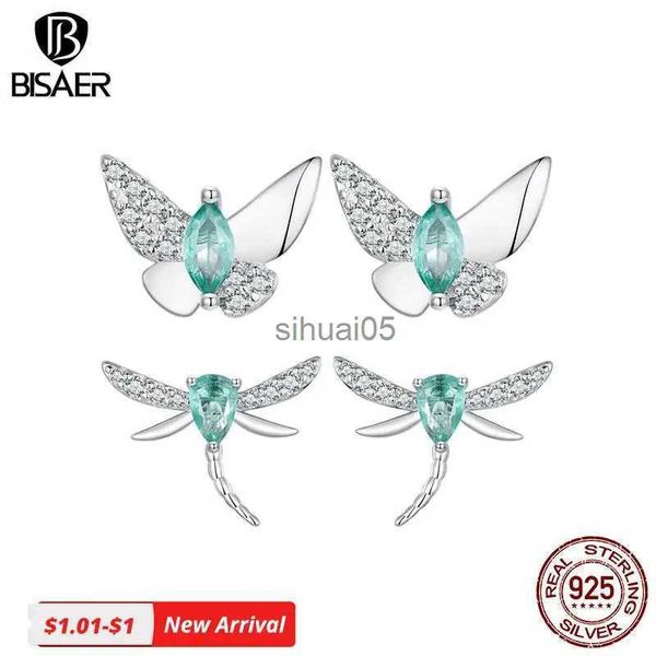 Stud BISAER 925 Sterling Silver Verde Zircon Borboleta Brincos Libélula Clipe Banhado Platinum Para Mulher Festa Fine Jewelry YQ231026