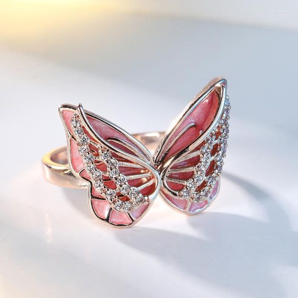 Anéis de casamento 2023 bonito esmalte pintura tridimensional borboleta anel moda luz e luxuoso zircão para mulher festa jóias