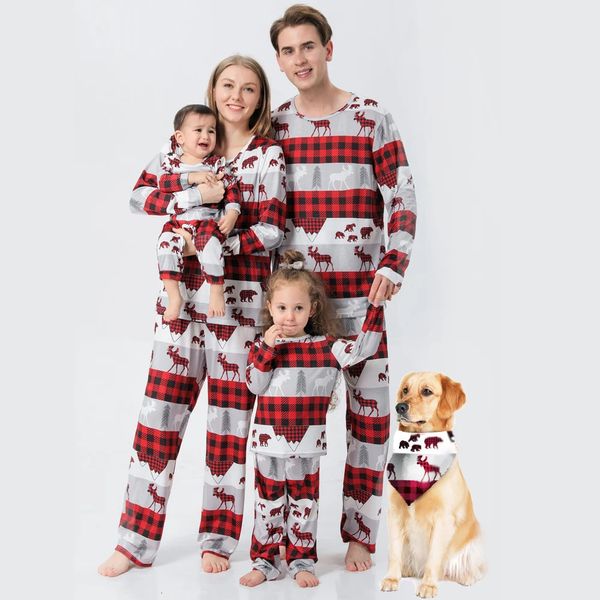 Family Matching Outfits Christmas Deer Plaid Print Sleepwear Parentchild 2 Pieces Pajamas Set Baby Romper Dog Scarf 231026