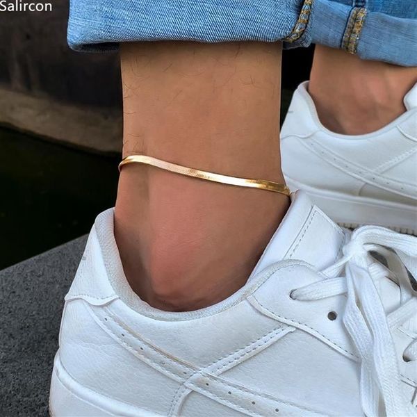 Fußkettchen Gothic Basic Simple Flat Blatt Schlangenkette Armband auf dem Bein für Männer Frauen Punk Gold Farbe Kupfer KPOP Fuß Juwel200o