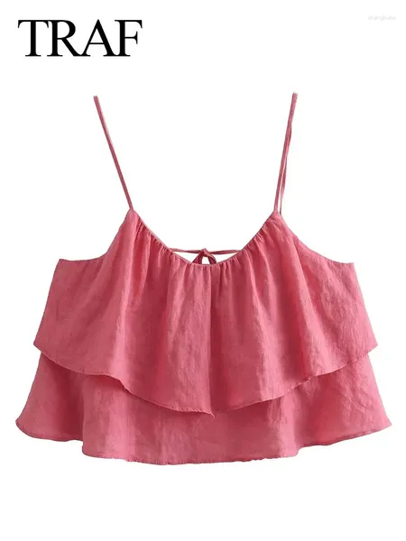 Tanques femininos camis para mulheres verão y2k tendência linho algodão plissado material chique ruched com laço traseiro confortável suspensórios frescos