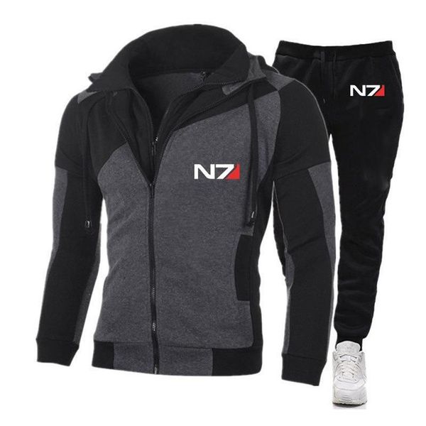 Tute da uomo Mass Effect N7 Uomo con cappuccio Cerniera Moda Abbigliamento sportivo casual Corsa Giacca bella Pantaloni sportivi Comodi289Q