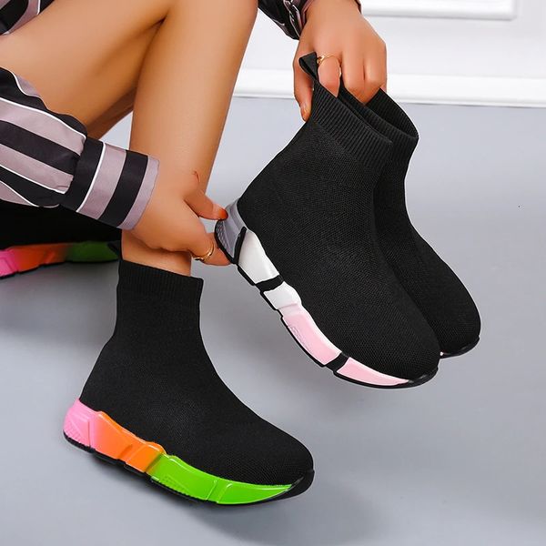 Kleid Schuhe Marke Unisex Socken Atmungsaktive High Top Frauen Wohnungen Mode Turnschuhe Stretch Stoff Casual Slip On Damen 231026