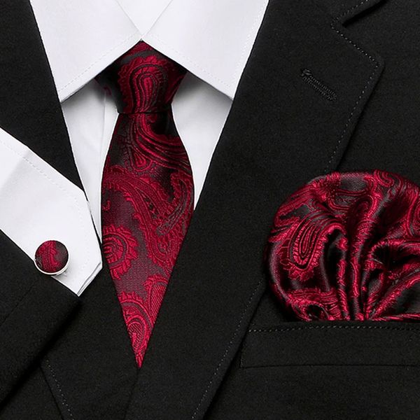 Laços masculinos gravata vermelha xadrez impressão jacquard tecido gravata hanky abotoaduras conjuntos para casamento formal festa de negócios frete grátis 231025