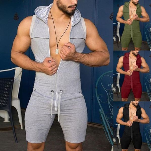 Yaz Trailsuits Üst Seksi Salıncaklar Erkekler Erkek Tulum Tek Parçalı Şort Giyim Moda Fermuarı Kolsuz Kapüşonlu Onesie Male238r