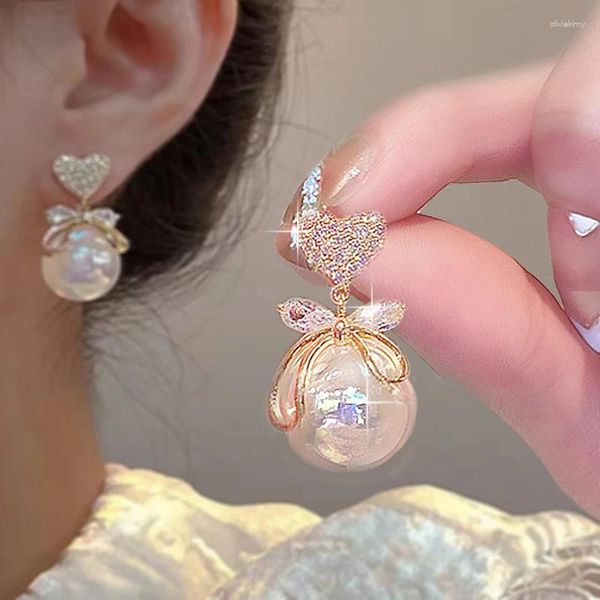 Ohrstecker Koreanische Meerjungfrau Perle Anhänger Damen Bownot Strass Ohrring Einfachheit Charme Romantische Hochzeit Bankett Schmuck Geschenke
