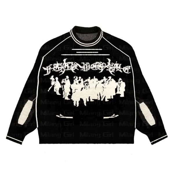 Hip Hop Streetwear Gestrickte Pullover Männer Frauen Gothic Hassett Muster Übergroßen Pullover Pullover Winter Harajuku Baumwolle