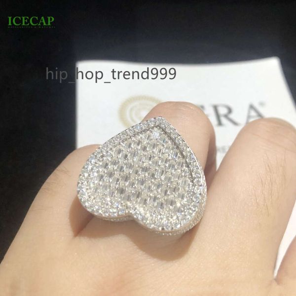 Anel grande formato de coração 925 prata branco banhado a ouro anel baguete corte VVS anel de moissanite para mulheres