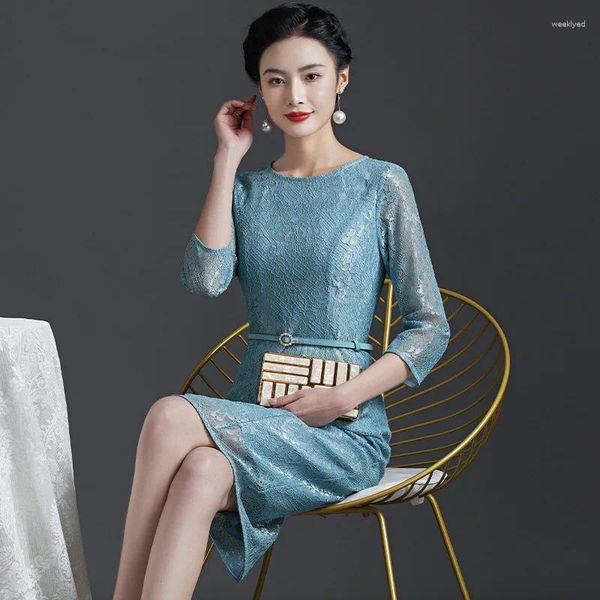 Ethnische Kleidung Yourqipao 2023 Herbst Spitze Stickerei Hellblau Täglich Plus Größe Mittleres Alter Mutter Chinesischer Stil Abendkleid für Frauen