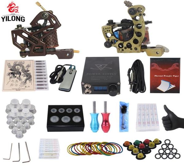 Yilong kit de tatuagem profissional completo, 2 metralhadoras superiores, 50 copos de tinta misturada, 10 agulhas, fonte de alimentação 300024612 t2006098192829