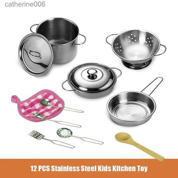 Cucine Gioca a cibo 12 pezzi Set da cucina Giocattolo Gioca con borsa di stoccaggio Giocattolo da cucina simulato Acciaio inossidabile Pentola per zuppa Padella Pala Cucchiaio Bambini Chef RuoloL231026