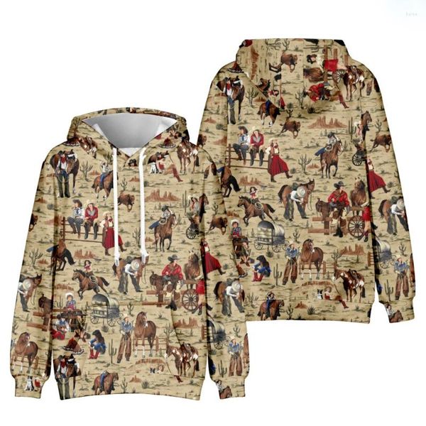 Felpe con cappuccio da uomo Western Cowboy 3D Print Uomo Donna Vintage Oversize Streetwear Y2k Felpa con cappuccio Pullover Felpe con cappuccio Abbigliamento per bambini