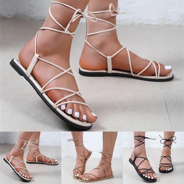 Sandalen Frauen modische Sommerleder dünne Gurt Flache Knöchel Damen geschlossener Zeh