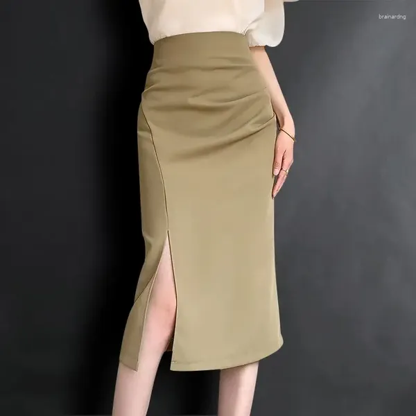 Saias estilo coreano split escritório senhora joelho-comprimento elegante saia chegada moda cor sólida all-match mulheres lápis