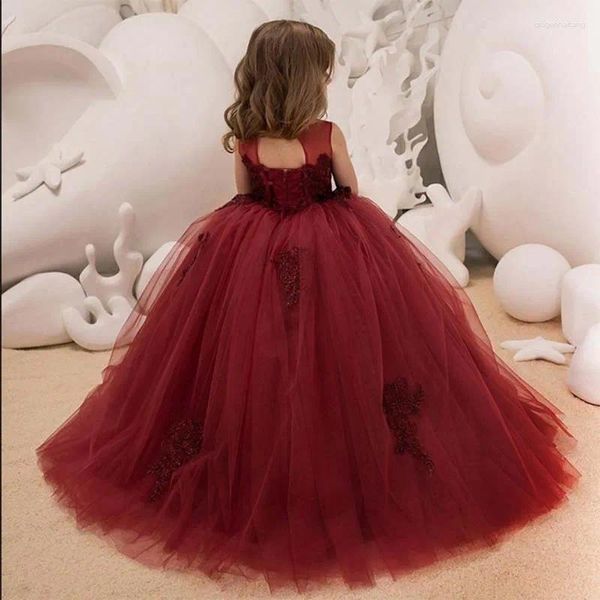 Платья для девочек, бальное платье, бордовое платье с цветочным узором для девочек на свадьбу, длина до пола, лиф, пышное платье с открытой спиной