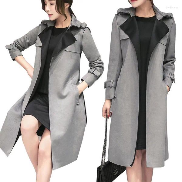 Trench da donna Cappotto in pelle scamosciata autunnale per donna Cardigan Cappotto lungo Cappotto largo largo femminile Frangivento casual con cintura Capispalla R563