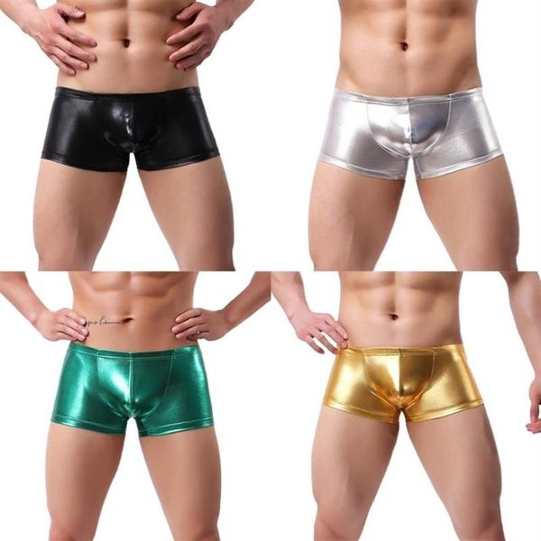 Homens sexy cintura baixa boxer briefs metálico imitação de couro nadar roupa interior underpants205w