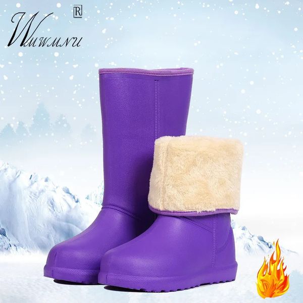 Botas roxo midcalf quente pelúcia chuva coreano eva impermeável antiderrapante sapatos de borracha moda slipon mulheres trabalho ao ar livre 231026