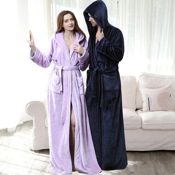 Indumenti da notte da donna Accappatoio in flanella caldo extra lungo Kimono di lusso solido Accogliente con cappuccio in pile di corallo Accappatoio da notte Vestaglia da uomo