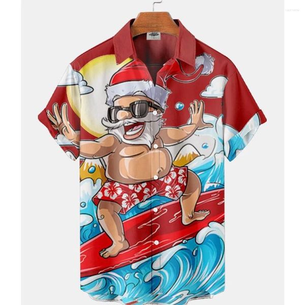 Camisas de vestir para hombres 2024 Gráfico de Navidad Santa Claus Hawaiian Harajuku Tops Impresión corta Tee Solapa Moda Vacaciones Ropa de gran tamaño