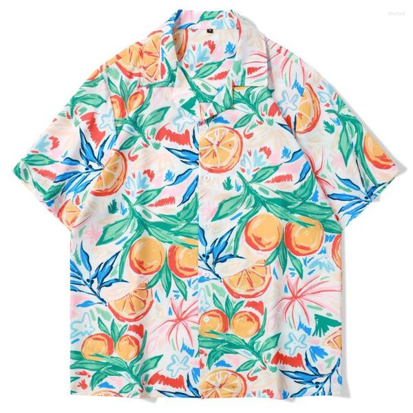 Camicie casual da uomo Camicia stampata arancione frutta estiva Harajuku Manica corta da uomo Vestiti con bottoni hawaiani