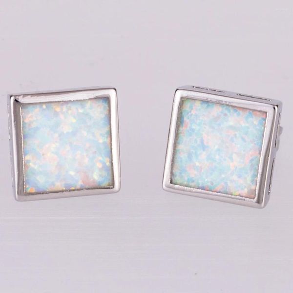 Orecchini a bottone KONGMOON 9x9 forma quadrata bianco opale di fuoco placcato argento gioielli per piercing da donna