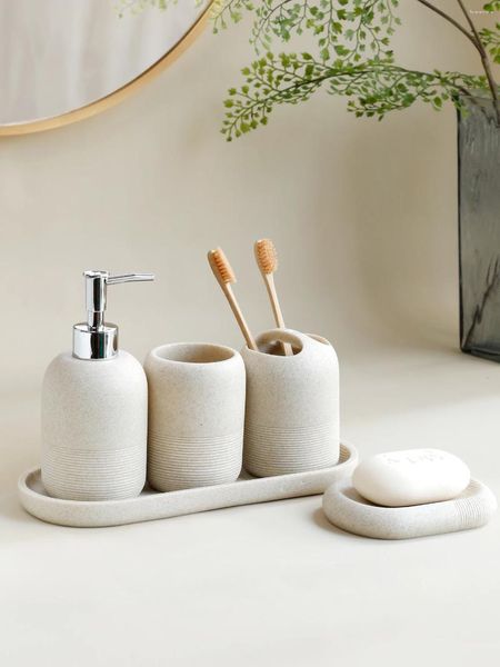 Set di accessori per il bagno 5 pezzi Accessori per l'atrio Dispenser per lozione Portaspazzolino Vassoio Bicchiere Tazza Portasapone Beige e grigio