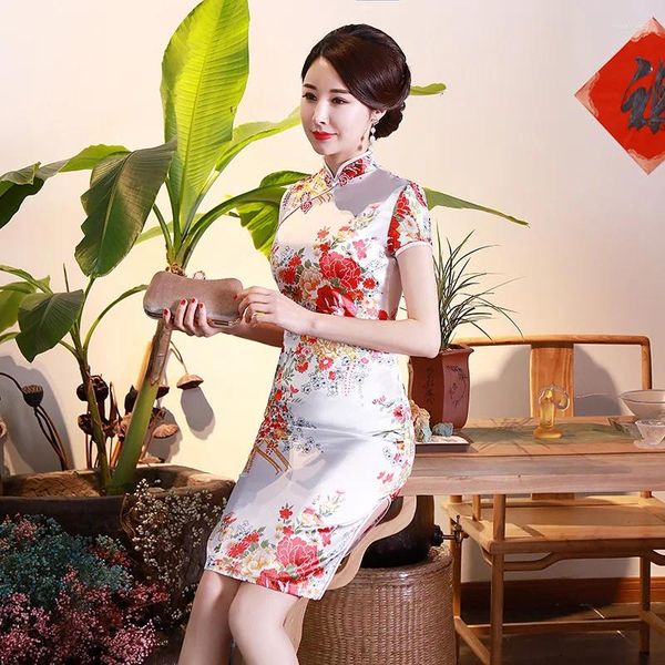 Этническая одежда, винтажное платье Cheongsam, летние традиционные китайские платья, с цветочным принтом, с коротким рукавом, Ципао, воротник-стойка, элегантное свадебное платье