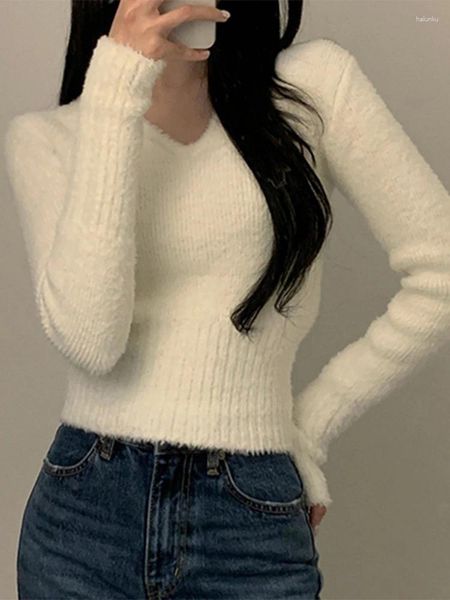 Suéteres femininos suéter branco mulheres outono inverno manga longa pulôver feminino coreano elegante macio quente malha colheita tops slim jumper